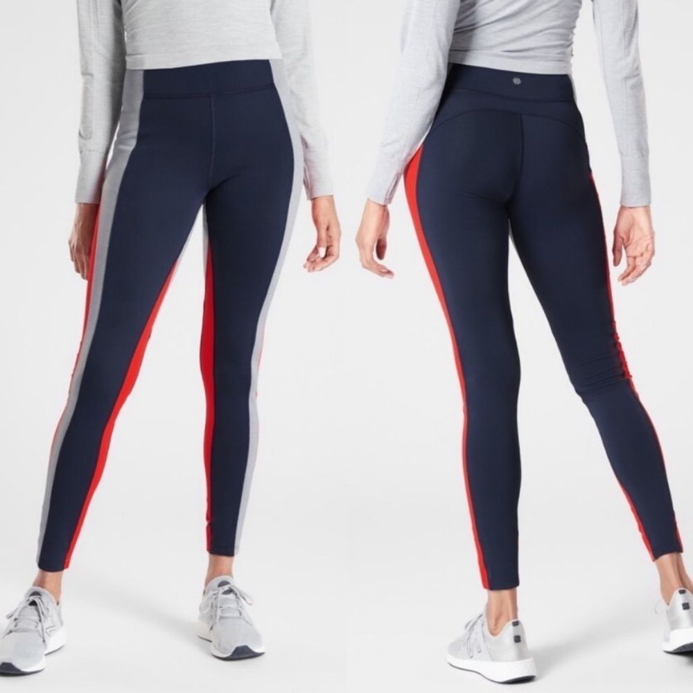Athleta Crest High Rise Leggings Blue Red Grey Color Block Tights Full Length